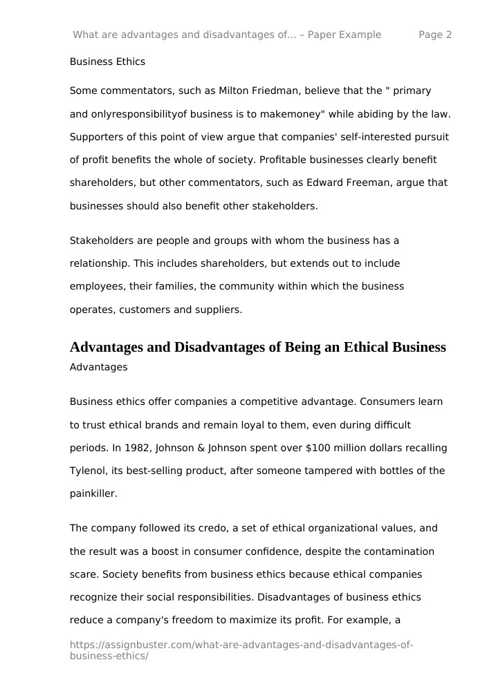 What Are Advantages And Disadvantages Of Business Ethics - Essay ...