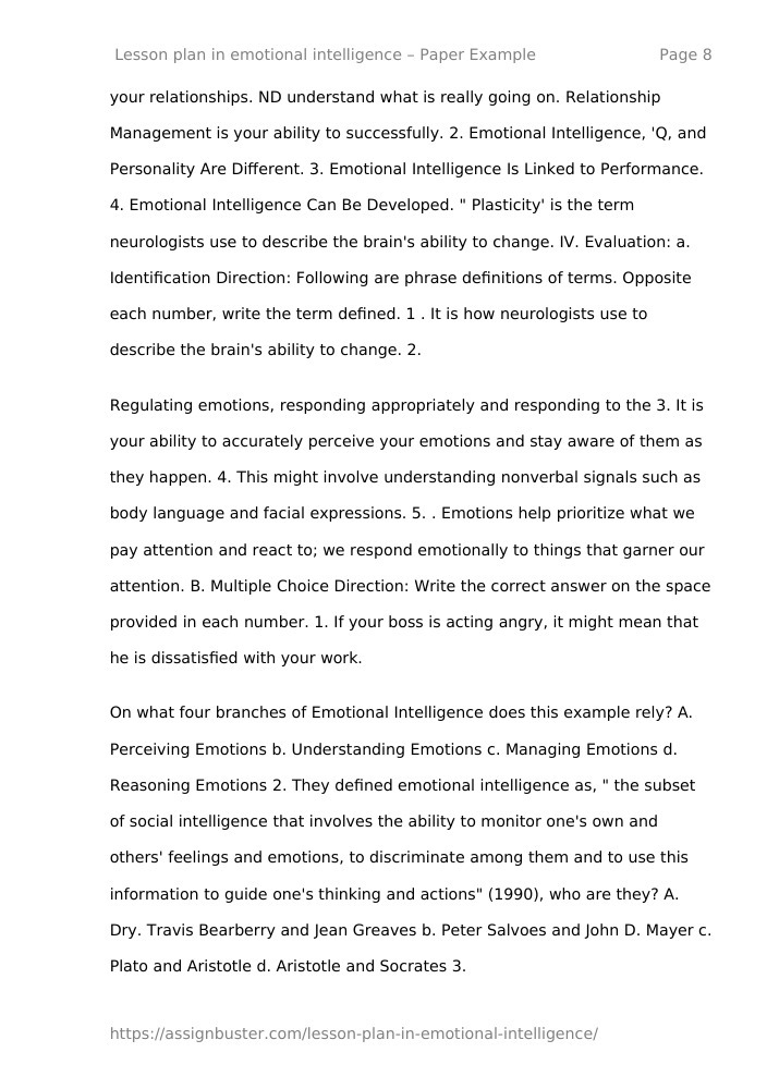 Lesson plan in emotional intelligence - Essay Example for 2281 Words